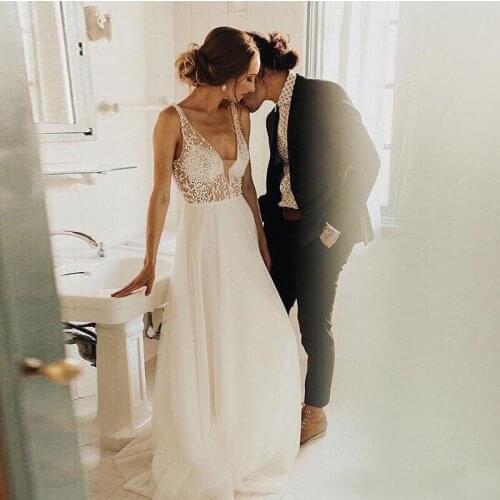 Sexy V Neck Simple Boho Wedding Dress A Line Tulle Pearls Beaded Princess Backless Beach Bride Wedding Gowns 2021