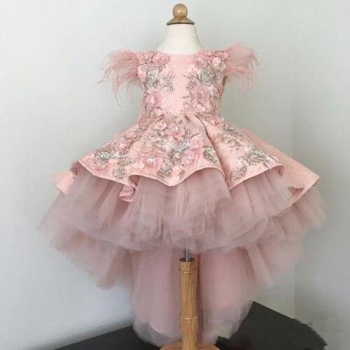 Dusty Pink High Low Flower Girls' Dresses with 3D Floral Appliqued Satin Tulle Custom Made Little Girl Communion Party Dress