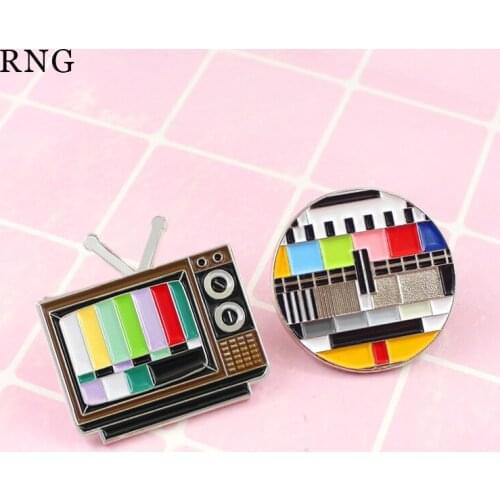 RNG Color screen black and white TV childhood memories antenna twist button metal enamel pin creative TV collection Brooch