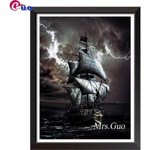 DIY Diamond Embroidery Pirate Ship At Sea Full Square Round Diamond Painting Cross Stitch Kit Mosaic Sticker Black Sailboat