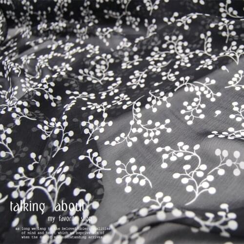 Silk Georgette Chiffon Fabric Dress 10 momme Black and White Small Flower Large Width Atmosphere DIY Patchwork Tissue