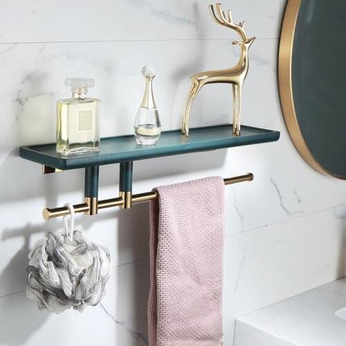 Soild Brass & Wood Bathroom Shelf Soap Cosmetic Shower Shampoo Shelf With Towel Bar Organizer Rack/Holder Wall Mounted 40CM