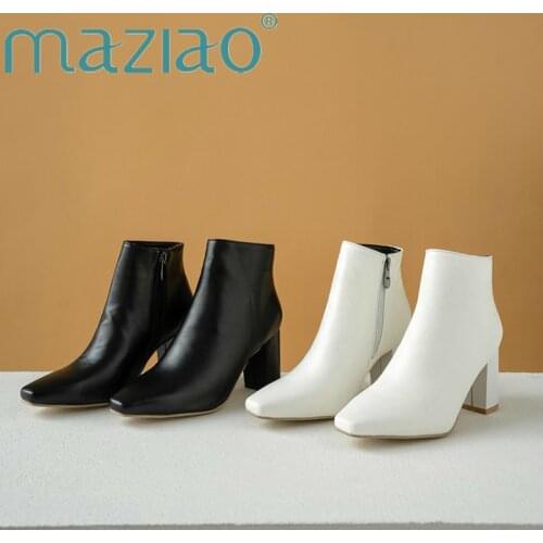 2019 Fashion Simple Ankle Boots for Women Square Toe Zip High Heels Shoes Casual Autumn Winter Boots Big Size 34-47 Black MAZIAO