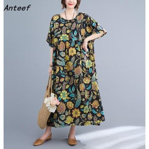 Short sleeve cotton vintage floral dresses for women casual loose long woman summer dress elegant clothes 2021