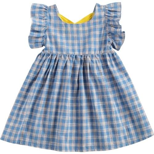 2021 1-6Y Sweet Toddler Baby Girls Dress Blue Plaid Print Fly Sleeve Cross Bandage Back A-line Sundress Summer Clothes