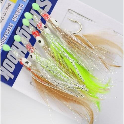 50pcs/lot Night Luminous Sabiki Soft Fishing Lure Octopus Fishhook Feather String Hook Bait with Color Threads Fish Tackle 1/0