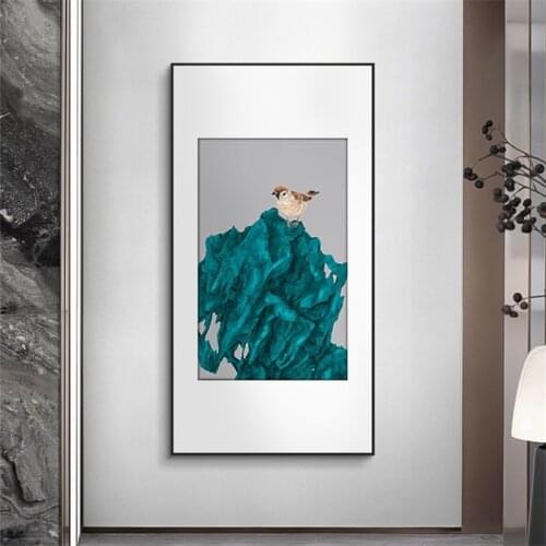 Traditional Chinese Abstract Canvas Painting Stone Sparrow Bird Print Poster Wall Art Picture For Porch Living Room Home Decor