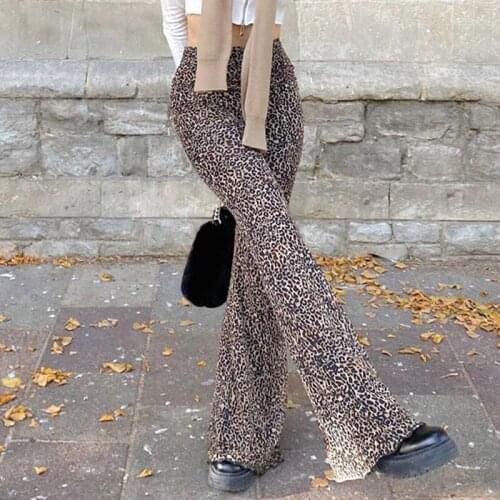 Y2K Fashion Leopard Pattern Flare Pants E-girl Vintage Slim Animal Print High Waist Long Pants Wild Autumn 90s Outfits Pants