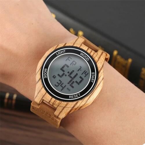 Creative Digital Men Watch Wooden Case LED Round Dial Mens Watches Brown Genuine Leather Wristwatch New Arrival 2019