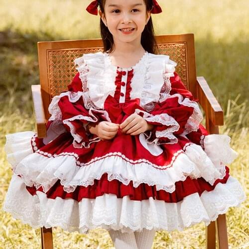 Autumn Kids Children Girls Princess Lolita Dress Baby Long Sleeve Ruffle Bow Lace Birthday Party Cake Dresses Vestidos ADK346