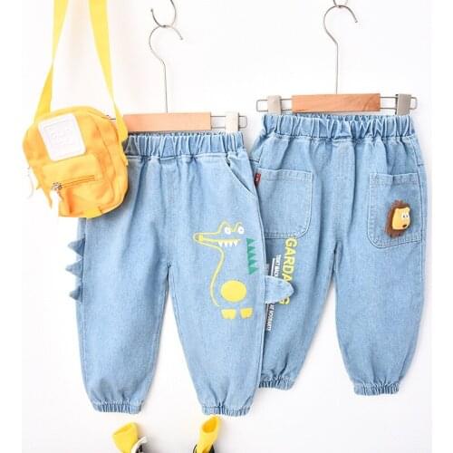 2021Spring New Childrens Cartoon Letter Printing Harlan Denim Boys and Girls Casual Loose Personality Cute Big Pocket Trousers