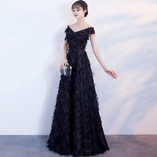 Elegant Black Lace Evening Dresses 2020 Long A line Off the Shoulder V neck Formal Occasion Party Prom Women Dresses