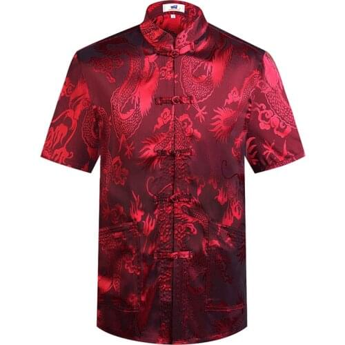 Chinese Traditional MenS Big Dragon Satin Mandarin Collar Shirt Tops Silky Tang Suit Clothing Kung Fu Blouse Plus Size футболки