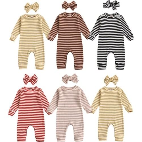 2021 Newborn 0-18M Baby Boy Girl Striped Jumpsuit Casual Fall Clothing Stripe Print Long Sleeve Soft Cotton Romper Headband 2pcs