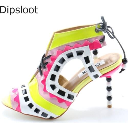 Summer Women Small Triangle Patched Multi Beads Heels Carved out Sandals Slingbacks Beads Pedant Lace up T Stage Runway Shoes