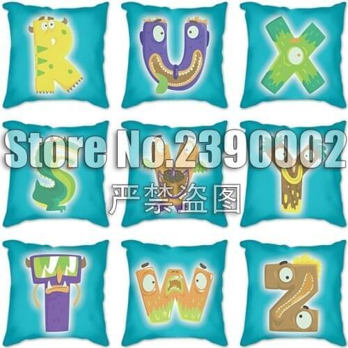Cute Cartoon English Alphabet Print Cushion Cover Polyester turquoise blue Pillowcase Sofa Couch Chair Decorative Pillows Covers