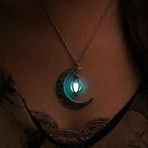 Fashion Women Hollow Moon Pumpkin Pendant Love Bird Cage Luminous Bead Chain Necklace Party Fantasy Jewelry Accessory Gift