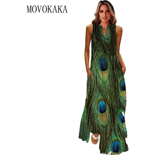 MOVOKAKA Plus Size Peacock Feather Green Dress 2021 Casual Girls Long Dresses Summer Woman Sleeveless Beach Maxi Dress For Women
