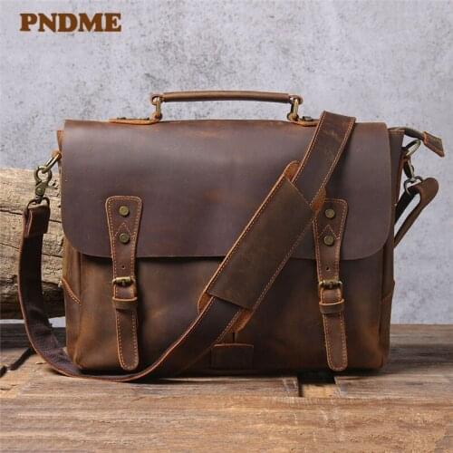 Vintage crazy horse cowhide mens handbag briefcase high-quality natural genuine leather office laptop shoulder messenger bag