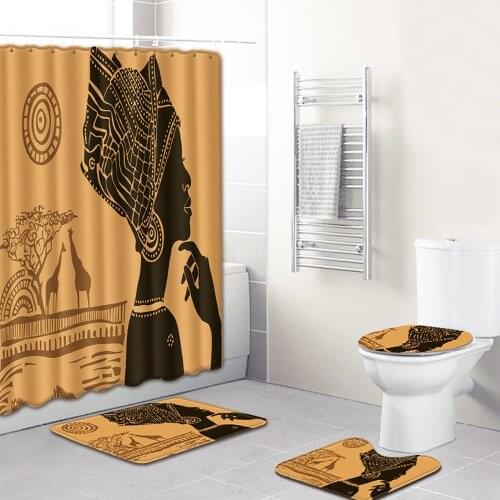 Toilet Pad Cover Bath Rug Mat Fabric Shower Curtain Set for Bathroom 3D African American Woman Shower Curtain Sets 4 Pcs/Set