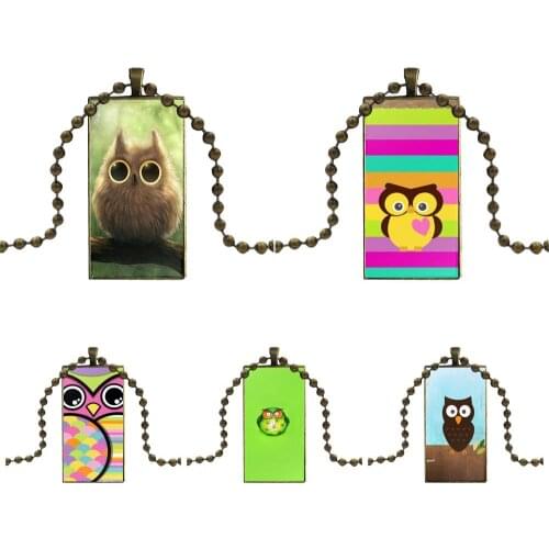 New Printed Owl Anime Protective Skin Jewelry With Bronze Plated Glass Cabochon Choker Long Pendant Rectangle Necklace For Child
