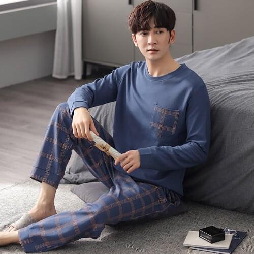 Autumn Winter Cotton Plaid Sleepwear Pajamas for Men Loose Long Sleeve Pajama Sets Plus Size 4XL Elastic Home Wear Lounge Set