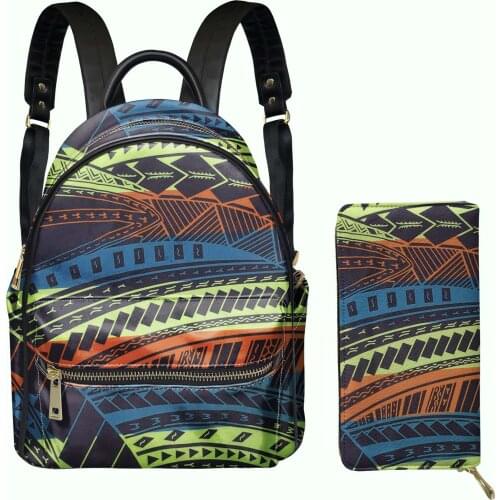 Polynesian Design Female Mini Backpack Clutch Wallet 2pcs/Set Luxury PU Leather Satchel for Women Girls Small Campus Schoolbag