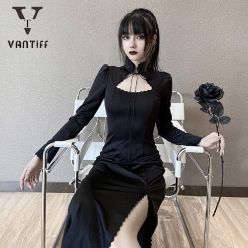 Party Dresses Chinese Cheongsam Long Sleeve Vintage Lady Dress Autumn Long Slim Solid Color Split Strap Cheongsam Wind