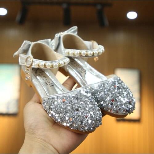 Spring And Summer Toddler Kids Princess Shoes Baby Girls Pearls Bling Sequins Bowknot Single Shoes Party Dancing Pu Sandals