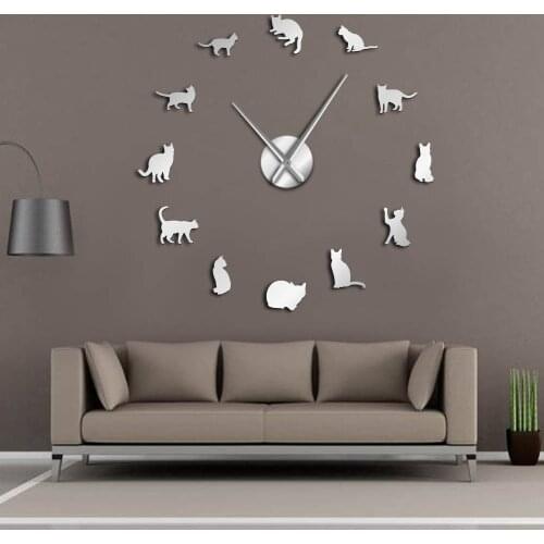 Silhouette Cats Wall Art Kittens DIY Giant Wall Clock Playful Cats Big Needle Kitty Girl Room Large Wall Watch Feline Fan Gift
