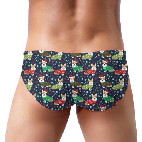 Mens Triangular Swimwear Low Waist Briefs Sexy Patchwork Mens Bikini Dog Cute Welsh Corgi Puppy Swim Pool Trunks