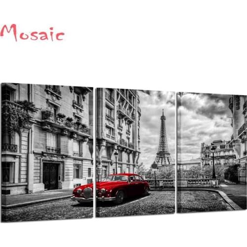 Triptych painting Full Square/Round Drill 5D DIY Diamond Painting paris Black and White Tower Red Car Diamond Embroidery Cross