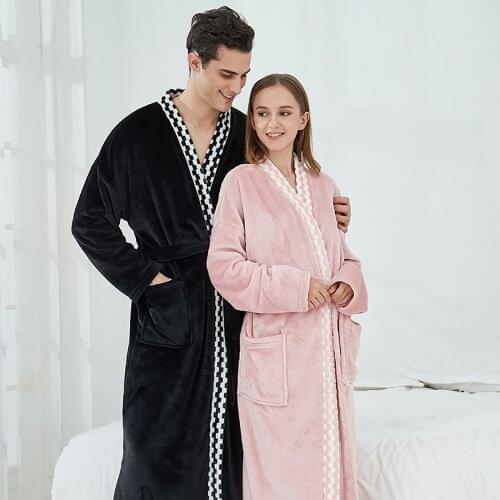 Thicken Double Sides Flannel Bathrobe Men Couples Warm Dressing Gown Simple Patchwork Kimono Bath Robe Man Sleepwear Home Suit