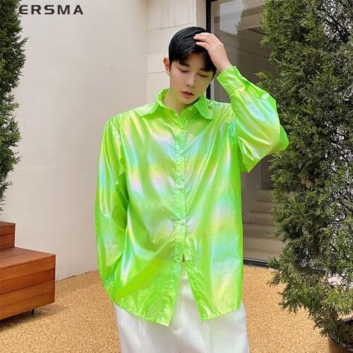 VERSMA Korean Ulzzang Long Sleeve Glossy Shiny Shirt Men Summer Oversized Sun Protection Clothing Unisex Shirt Men Dropshipping