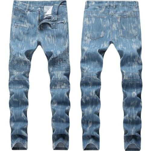 Vintage Slim Jeans for Men Skinny Retro Water Wash Printing Trend Stretch Pleated Male Biker Jeans Denim Pants Plus Size 30-40