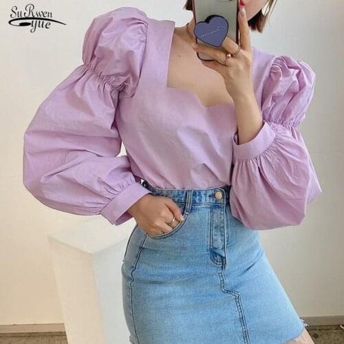 2021 Autumn Vintage Slim Long Puff Sleeve Chic Square Collar Women Blouse Solid 4 Colors Sweet Cotton Shirts Blusas Mujer 15549