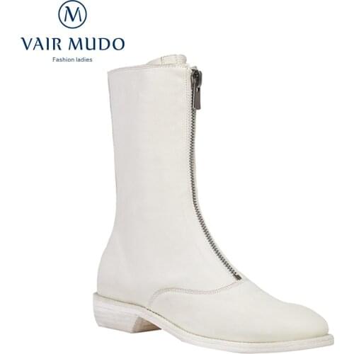 VAIR MUDO Women Boots Shoes Elegant Genuine Leather Footwear Spring Autumn White Black Round Toe Solid Zipper Concise WM-X26