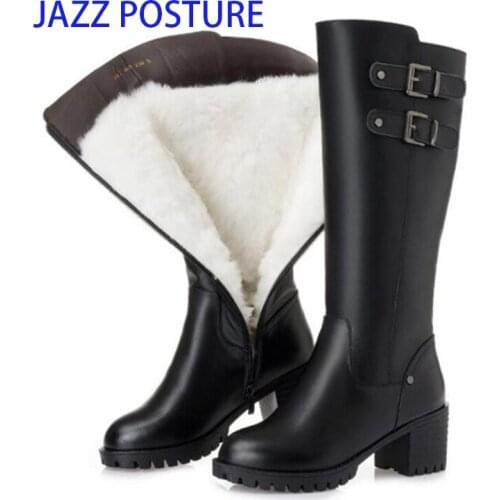 Snow Boots Genuine Leather Wool Women Fashion Zipper Warm Fur Warm Shoes Plush Boots Platform for Women Winter High Boots w312
