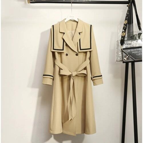 2021 Spring Autumn Trench Coat for Women Plus Size 4XL 5XL Large Winderbreaker Sailor Collar Sashes Khaki Mid-length Overcoat