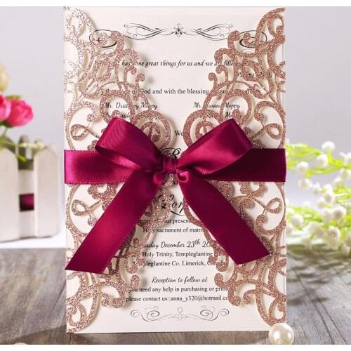 50pcs Glitter Laser Cut Wedding Invitations Cards with Bowknot and Envelope for Bridal Shower Engagement Party,Customizable