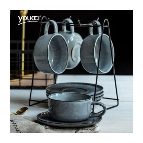 European Small Luxury Drinkware Ceramic Coffee Cup Nordic Minimalist Mug With Milk Coffee Saucer Spoon Shelf Kit Set