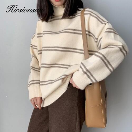 Hirsionsan Female Sweater Winter Striped Top Autumn Winter Vintage Knitted Casual Soft Elasticity Clothes Oversized Black Jumper