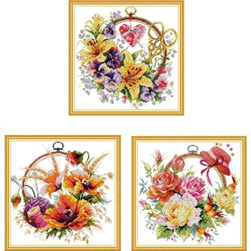 Joy Sunday Flower Basket Painting Floral 11CT 14CT Needlework Set Embroidery Printed Cross Stitch Kit on Canvas for LivingRoom
