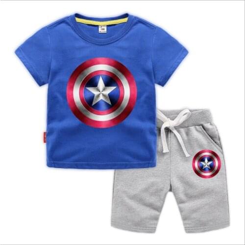 Summer Childrens T-shirt New Disney Captain America Shield Print Short Sleeve + Pants Korean Childrens Casual Sportswear