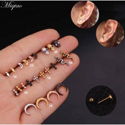 Miqiao 2pcs Hot Sale Stainless Steel Moon Skull Cross Earrings Exquisite Piercing Jewelry