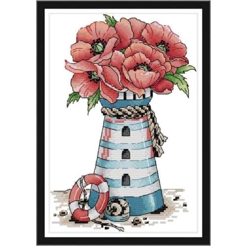Flowers lighthouse cross stitch kit aida 14ct 11ct count print canvas cross stitches needlework embroidery DIY handmade