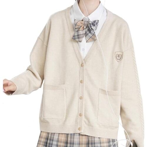 New College Style Cardigan Sweater Ribbing Breathable Women Long Sleeve Knit Sweater for Travel