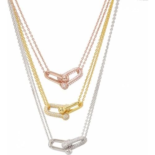 New Style 3 Gold Colors Micro Settings Top CZ Stone U Shape Slub Chain Charms Necklace for Women
