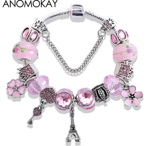New Styling Tower Crown Flower Heart Key Charm Bracelet Pink Crystal Bead Diy Jewelry Bracelet Women Girlfriend Friend Gfit