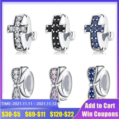 Authentic 925 Sterling Silver Cross clear CZ fine Spacer Stopper Beads for Jewelry making Fit Original europeu Charm Bracelet